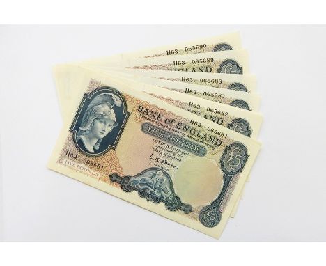 10 x L K O'Brien 1957-61 five pound notes 