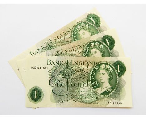 23 x L K O'Brien 1961 one pound notes, 21 x J S Fforde 1966 one pound notes, 1 Jo Hollom 1962-64 one pound note, 24 J B Page 