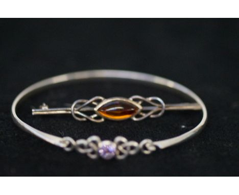 Silver Bangle and Pin Brooch with Stones