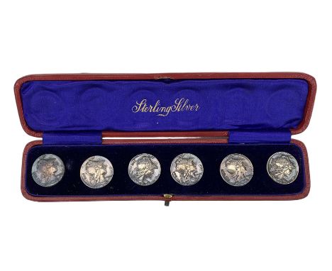 Set of six cast silver buttons of Art Nouveau design with the head of Minerva in original box Sheffield 1951 Maker James Dixo