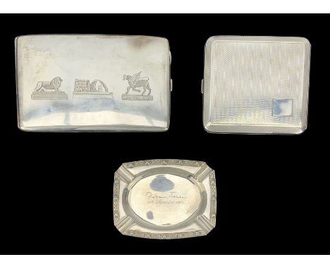 Engine turned silver cigarette case Birmingham 1926, silver ashtray with inscription and a North African engraved cigarette c