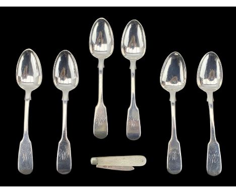 Set of six Victorian silver fiddle pattern rea spoons engraved with initial London 1841 Maker William Eaton and a Victorian s