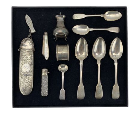 Three Victorian silver fiddle pattern dessert spoons London 1856, silver chatelaine spectacle case, silver and mother of pear