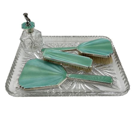 Silver mounted dressing dressing table set with blue and green enamel comprising scent sprayer, hair brush, hand mirror and c