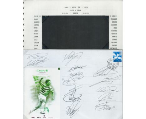 Football Celtic 14 Team players signed 2002 UEFA Cup v Suduva cover. Autographs include Douglas, Balde, Lennon, Sylva, Lamber