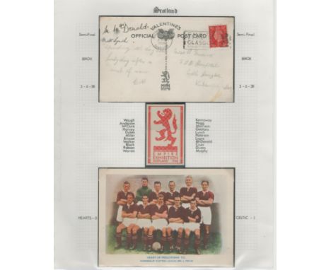 Football Celtic 1938 Malcolm MacDonald Matt Lynch signed Hearts postcard display. 3/6/1938 match day Valentines Exhibition po