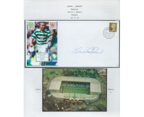 Football Celtic Henrik Larsson 2004 signed Testimonial cover and Stadium picture. Set with corner mounts on A4 descriptive pa