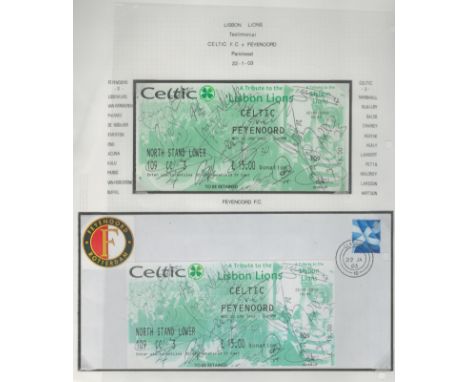 Football Feyenoord 16+ team multiple signed 2003 Celtic Match ticket display. Includes Buffel, Van Hooijdonk, Pardo, Kalu, On