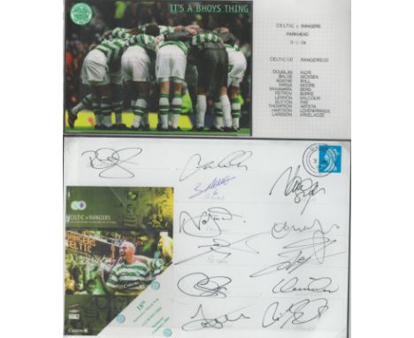 Football Celtic 12 team 2004 Rangers 18th match win multiple signed cover. Celtic won 3-1. 3/1/04 Glasgow Match day postmark.