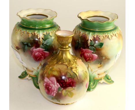 A Royal Worcester porcelain vase, 1917, of ovoid form with moulded neck, painted with pink roses, printed mark in puce, 13cm 