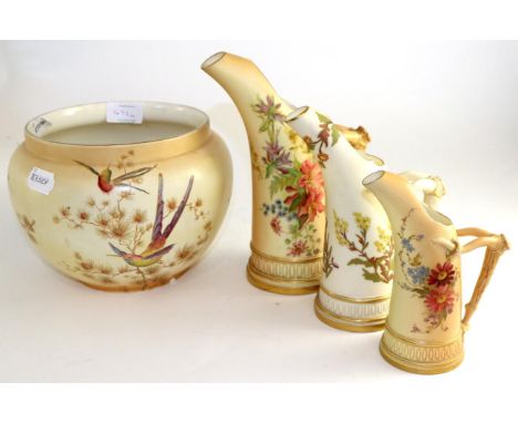 A Royal Worcester porcelain ewer, 1900, with horn handle, decorated with flowers on an ivory ground, printed mark, 22.5cm hig