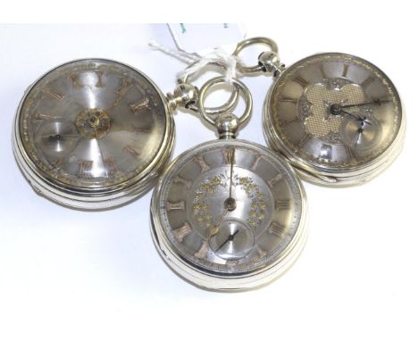 Three silver open faced pocket watches, the first, signed Taffinder, Rotherham, 1867, gilt fusee lever movement signed, dust 