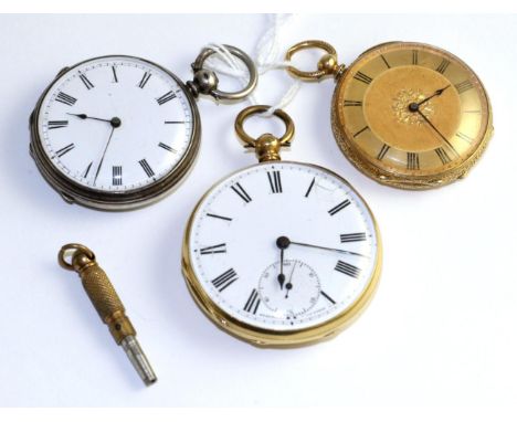 Two lady's fob watches and an open faced pocket watch, the first, open faced pocket watch, signed Stauffer C De Fonds, circa 