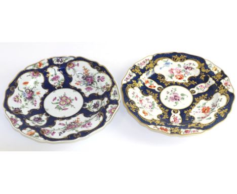 A first period Worcester porcelain blue plate, circa 1775, painted in the manner of James Giles with flower sprays and swags;