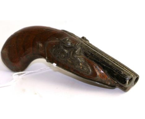 An early 19th century cold painted pewter snuff box in the form of a double barrel flintlock pocket pistol, with hinged cover