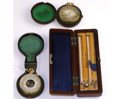 Two cased pocket barometers, one signed Sewill, Liverpool, and a Negretti & Zambra mahogany cased thermometer tubes (3) 19.04