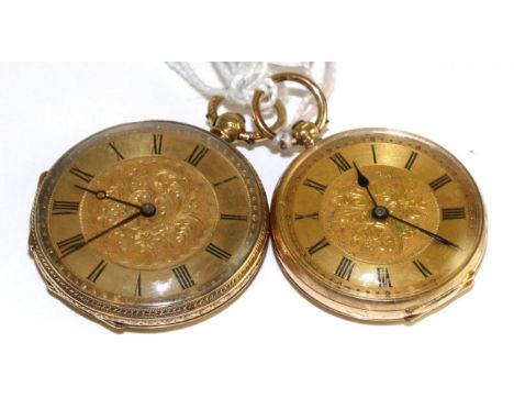 Two lady's fob watches, the first, circa 1900, cylinder movement stamped B&Co and numbered 5127, gold coloured dial with Roma