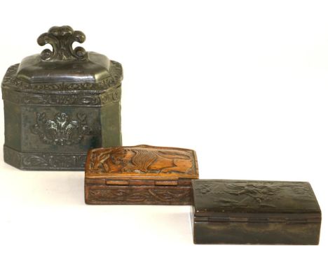 A pressed horn snuff box, 19th century, the cover decorated with the Death of Poniatowski after Suchadolski, 9cm wide; a tree