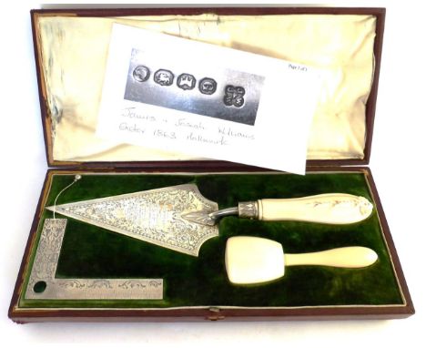 James and Josiah Williams of Bristol, a leather cased three piece commemorative trowel set, the trowel engraved TO MR & MRS M