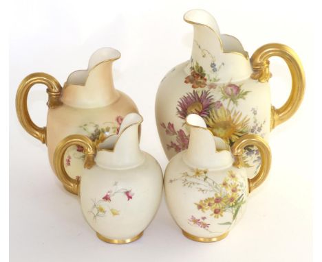 A Royal Worcester porcelain ewer, 1895, of ovoid form decorated with flowers on an ivory ground, printed mark, 20cm high; a s