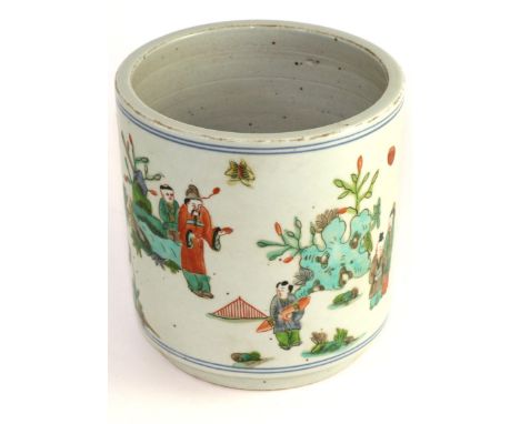 A Chinese porcelain brush pot, Kangxi style, painted in famille verte enamels with figures and animals in landscape, 18cm hig