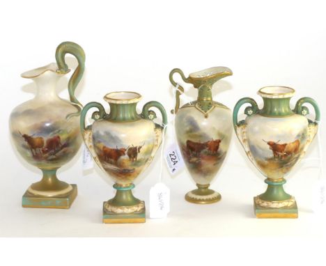A composite Royal Worcester porcelain garniture, painted by Harry Stinton, circa 1911, with highland cattle in landscape with