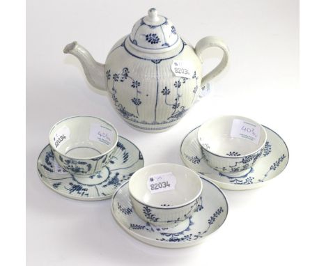 A first period Worcester porcelain blue and white teapot and cover (a.f.); a similar bowl; and a similar tea bowl and saucer 