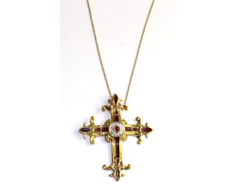 The House of Igor Carl Faberge for Franklin Mint, 'The Imperial Ruby Cross' 18 carat gold pendant on chain, a central cabocho