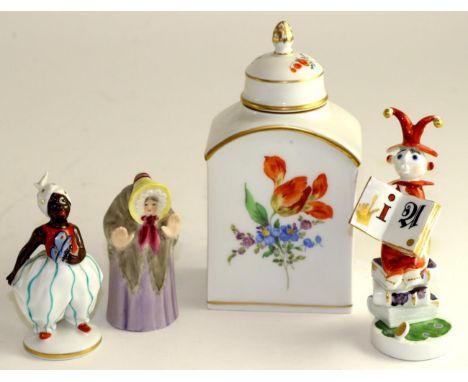 A Meissen porcelain tea canister and cover, 20th century, painted with flower sprays, crossed swords mark, 13.5cm high; a sim