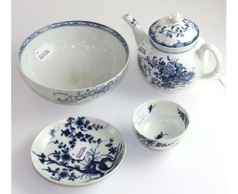 An 18th century Worcester blue and white teapot, 12cm high, an 18th century blue and white slop basin, 16cm wide and an 18th 