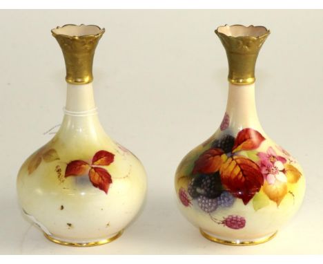 A pair of Royal Worcester porcelain bottle vases, 1939, painted by Kitty Blake with blackberries, signed, printed marks, 14.5