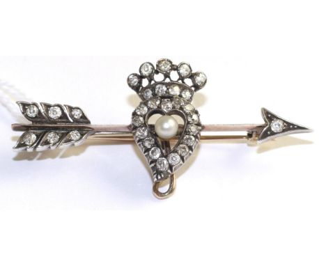 A diamond and pearl luckenbooth brooch, a coronet topped heart set throughout with old cut diamonds in white rubbed over sett