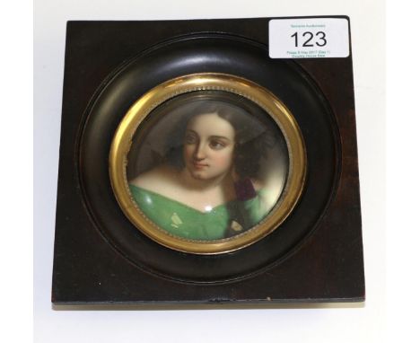 Austrian porcelain circular plaque, late 19th century, painted with a bust portrait of lady, 7.5cm diameter, framed 