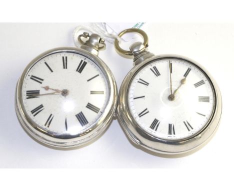 Two silver pair cased verge pocket watches, the first, 1820, gilt fusee movement numbered 43211, enamel dial with Roman numer