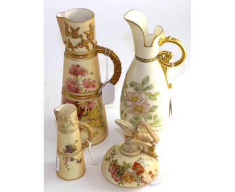 A Royal Worcester porcelain jug, 1902, of conical form, decorated with flowers on an ivory ground, printed mark, 23.5cm high;