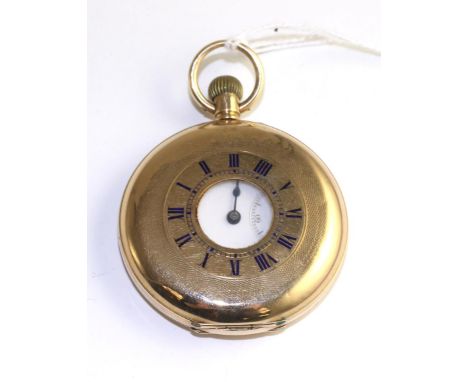 A 15ct gold half hunter pocket watch, 1907, lever movement, enamel dial with Roman numerals, London import mark, 50mm wide 18