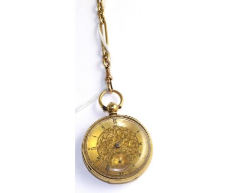 An 18ct gold pocket watch, 1857, fusee lever movement, gold coloured dial with Roman numerals, subsidiary seconds, engine tur