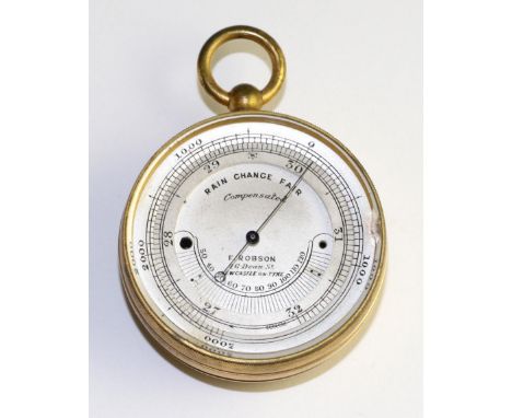A gilt brass pocket barometer, signed F Robson, Newcastle, circa 1900, 48mm wide, with leather fitted case 25.04.17, Gilding 