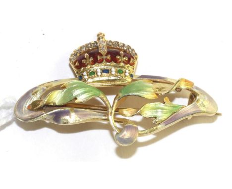 An Art Nouveau enamel and diamond Royal presentation brooch, an art nouveau foliate motif enamelled in tones of pink and gree