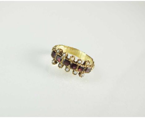 A 19th century garnet and pearl ring, designed as a row of six square cut garnets within closed back mount set within two row