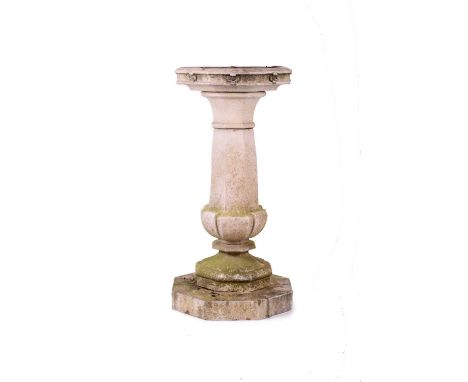 A rare Compton Stoneware garden bird bathEarly 20th century, the moulded octagonal shallow bowl top above a tapering column a