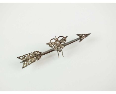 A rose cut diamond set butterfly and arrow brooch, the butterfly mounted to diamond set arrow bar, not stamped, weight approx