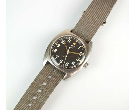 A Gentleman's C.W.C. stainless steel military wristwatch, the black dial with Arabic numerals, luminous batons and sweep seco