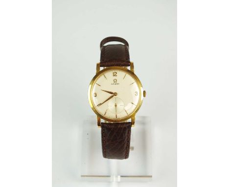 A Gentleman's gold plated Omega wristwatch, the white dial with batons and subsidiary seconds dial, manual wind, diameter of 