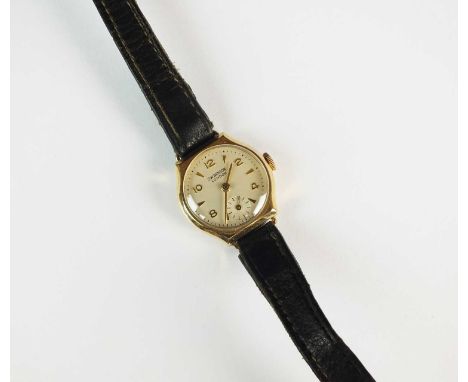 A Lady's 9ct gold J W Benson wristwatch, the white circular dial with batons and subsidiary seconds dial, manual wind, diamet