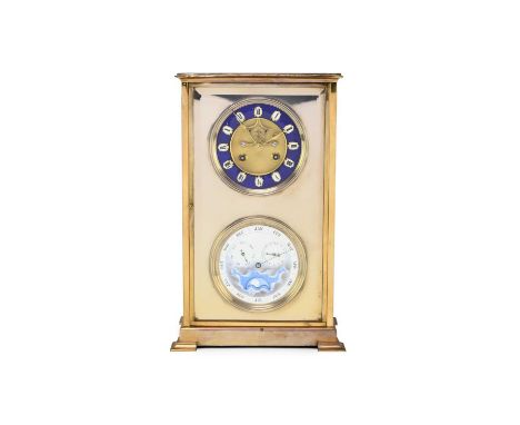 A French perpetual calendar four-glass table clock, circa 1890The gilt brass case with bevelled glasses, upper blue enamel an