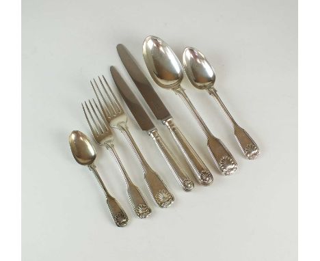 A canteen of Fiddle Thread and Shell pattern silver cutlery, comprising; six tablespoons, six dessert spoons, six teaspoons, 