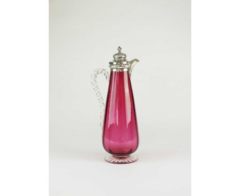 A Victorian silver mounted cranberry glass claret jug, Cartwright &amp; Woodward, Birmingham 1863, the tapered cranberry glas