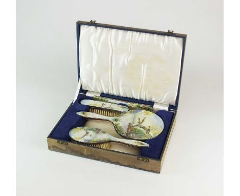 A cased silver and enamel dressing table set, Henry Clifford Davis, Birmingham 1961, each decorated with mallards in flight u