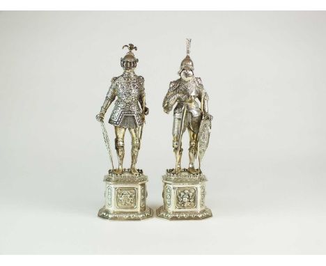 Two German silver models of knights, import marks for Israel Freeman &amp; Son, London 1959, each modelled in full decorative